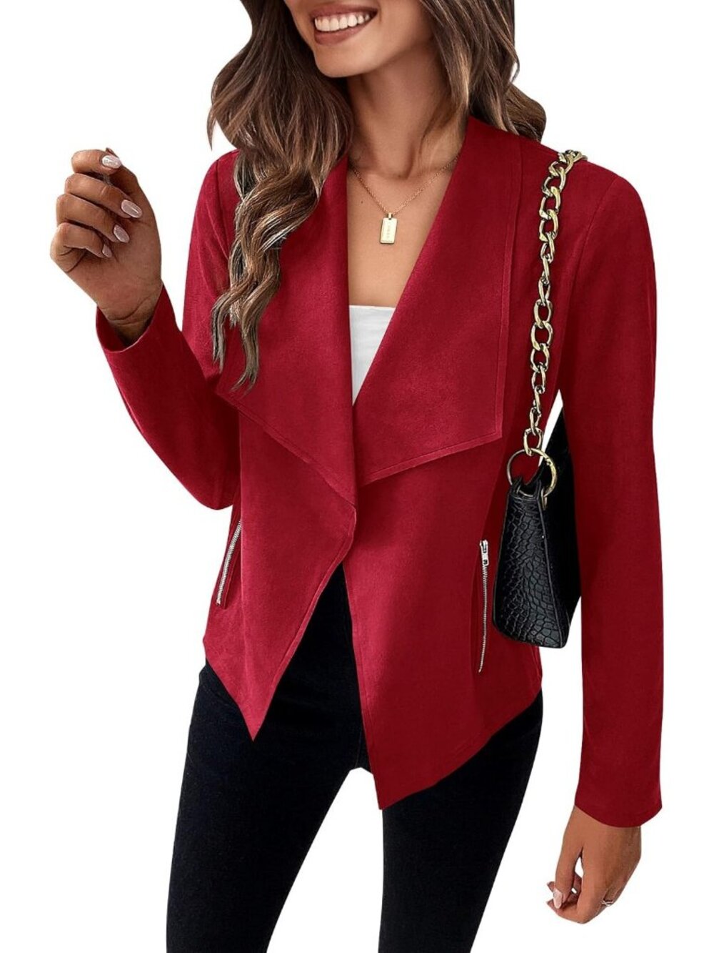 Women's Red Faux Suede Open Front Waterfall Collar Long Sleeve Draped Jacket
